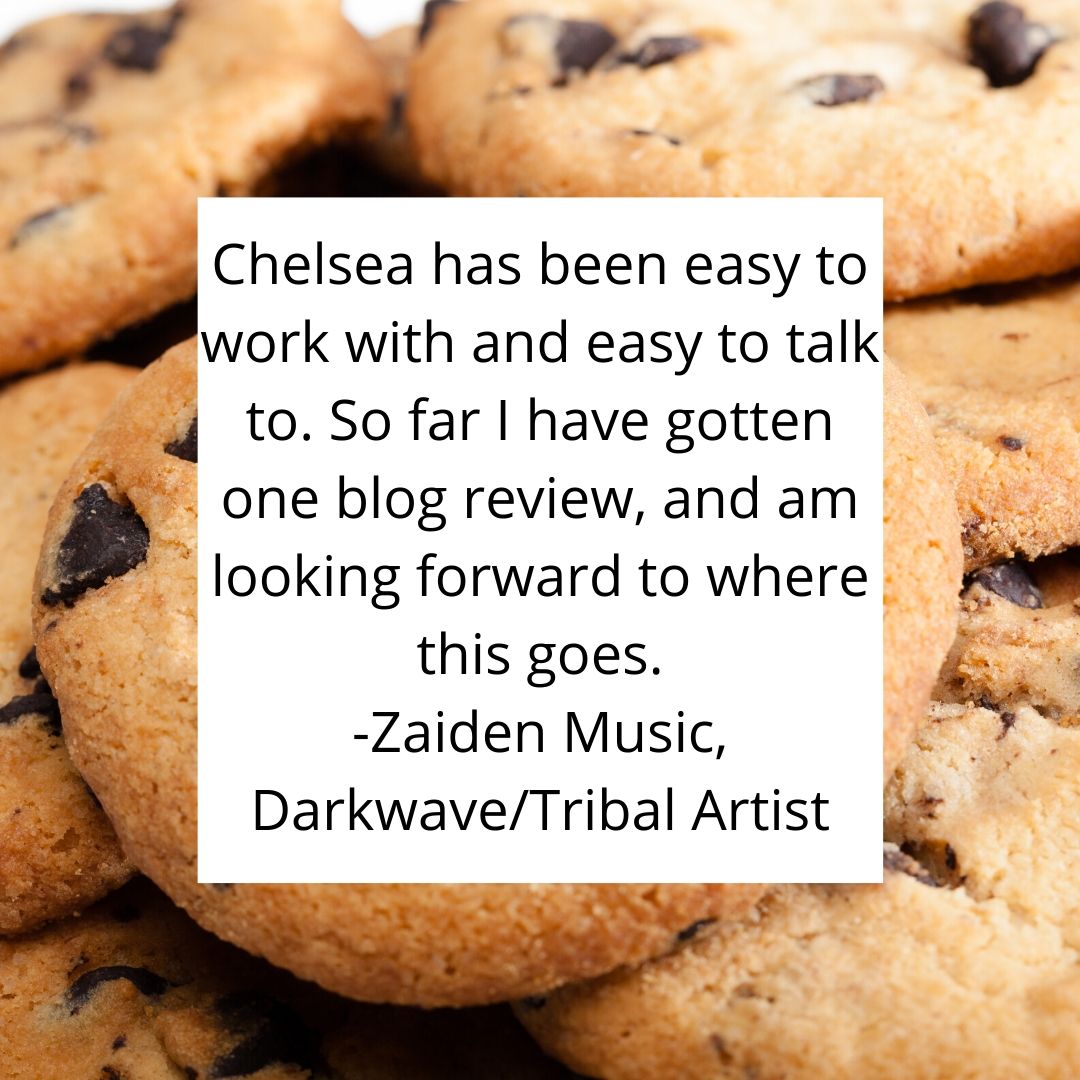 Chelsea has been easy to work with and easy to talk to. So far I have gotten one blog review, and am looking forward to where this goes. -Zaiden Music, Darkwave_Tribal Artist