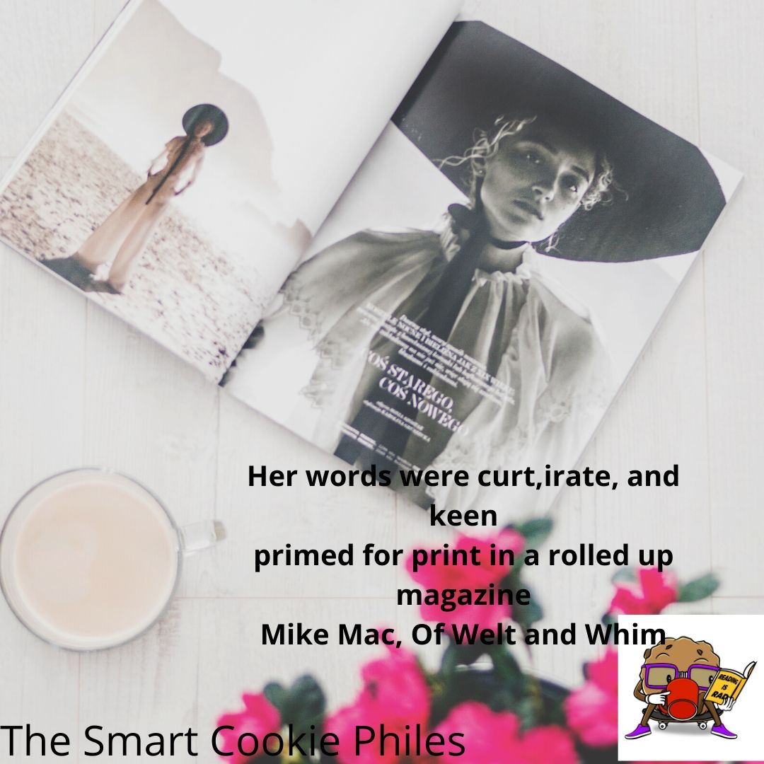 Her words were curt,irate, and keen primed for print in a rolled up magazine Mike Mac, Of Welt and Whim