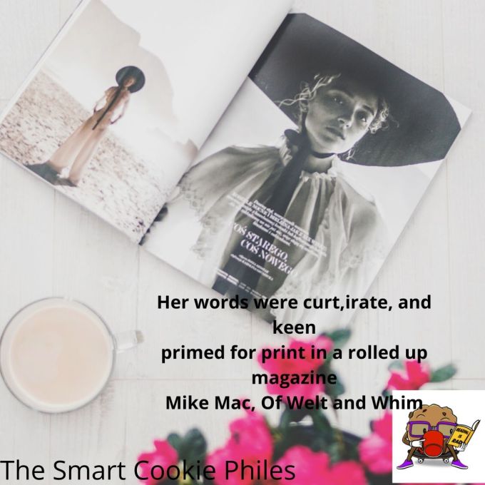 Her words were curt,irate, and keen primed for print in a rolled up magazine Mike Mac, Of Welt and Whim